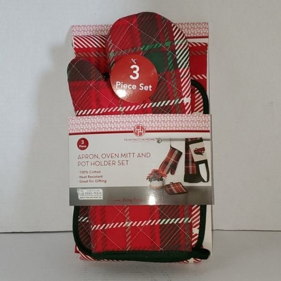 Apron Pot Holder Oven Mitt Red Truck Plaid Holiday CHRISTMAS BAKING COOKING - Picture 2 of 6